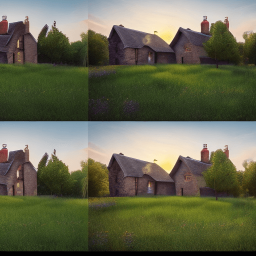 AI generated: Grid of 4 photos of a beautiful green field and a cottage in the back, 4k, hyper realistic, unreal e...
