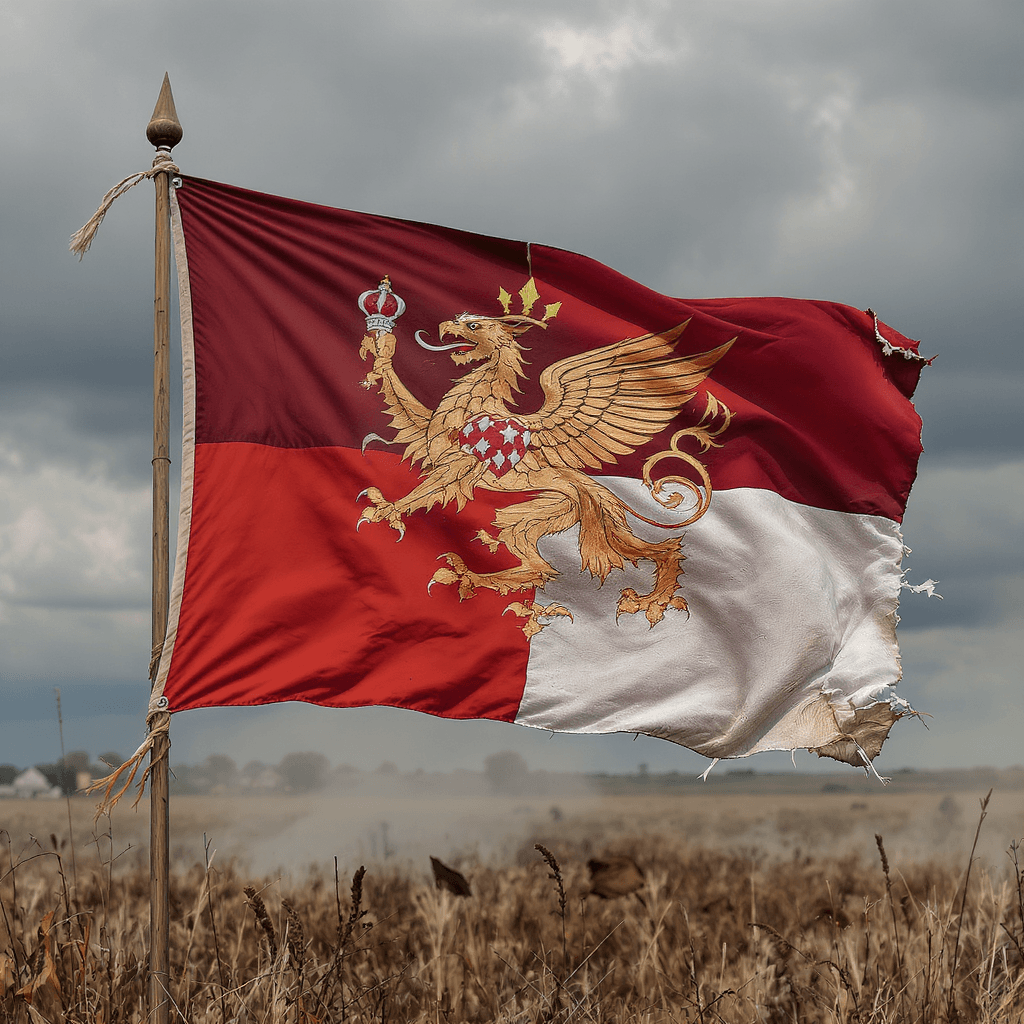 AI generated: a tattered banner with a flag showing a rampart griffin on a crimson and white background. The flag ...