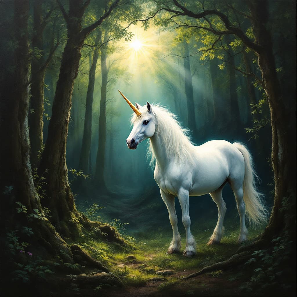 AI generated: A hyperrealistic oil painting, lush forest background with a mystical white unicorn, the sun peeking...