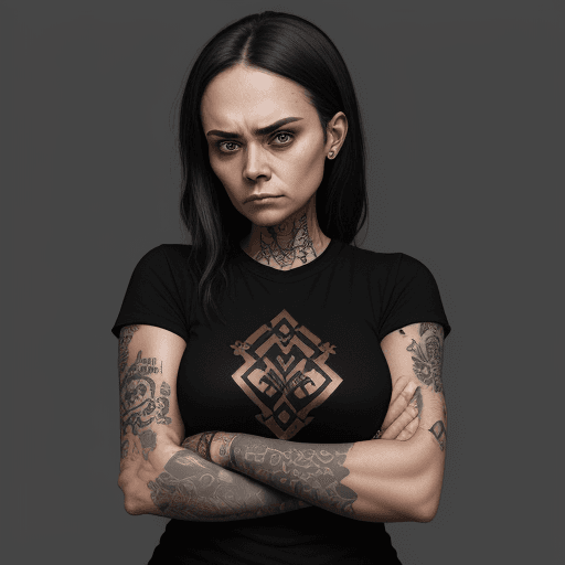 AI generated: a woman in black shirt with her arms folded against , in the style of tattoo, normcore, dark silver ...