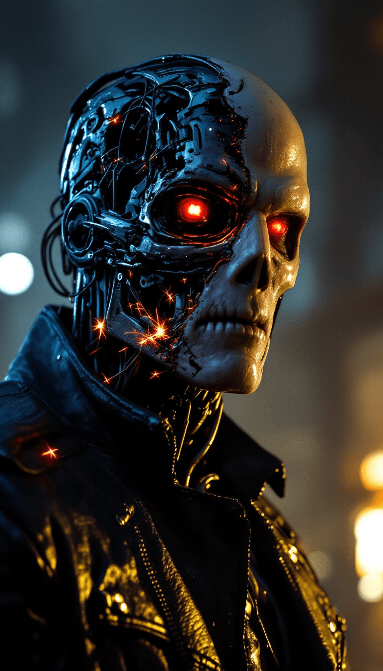 AI generated: A **battle-worn T-800 Terminator** stands **menacingly in a dark, smoke-filled urban warzone**, illu...