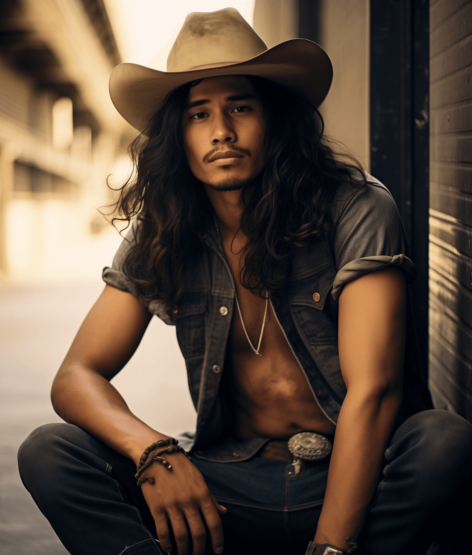 AI generated: A photo of an attractive man with long hair and mustache wearing a blue short-sleeve shirt and cowbo...