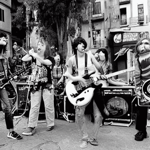 AI generated: The monster  rock band called GenSomething are performing on the street in downtownBarcelona in the ...