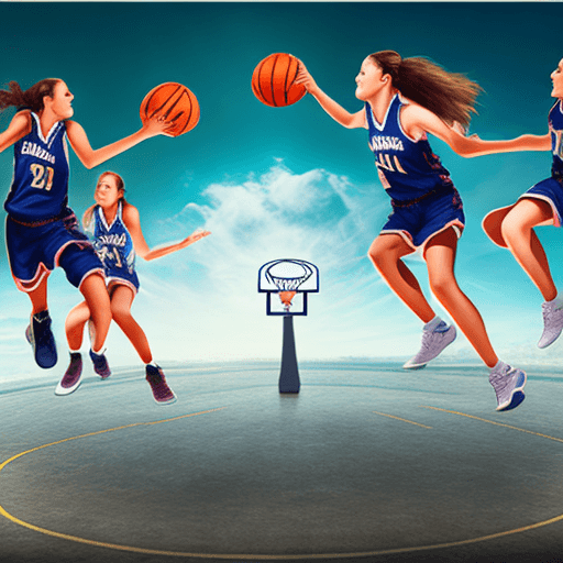 AI generated: Four girls playing basketball, on a curved court floating in the sky, the town in the distance, Ince...