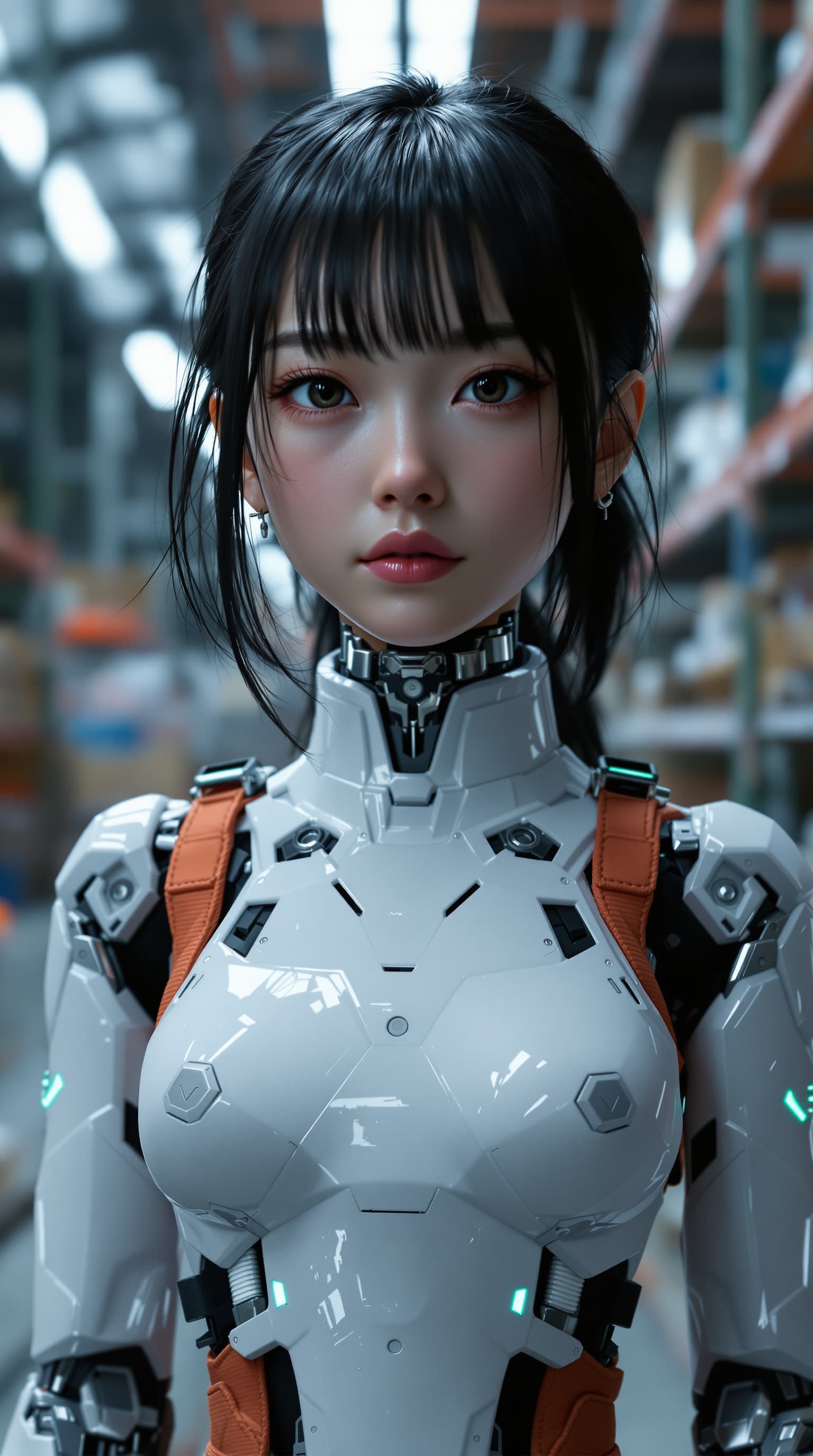 AI generated: A hyper-realistic depiction of a twelve year old android of Celine Tam, standing in a android parts ...