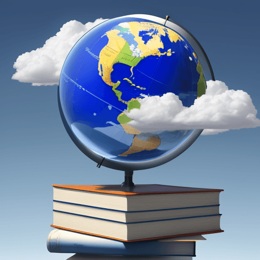 AI generated: Generate a picture of a stack of textbooks and a globe placed in the cloud, a three-dimensional pict...