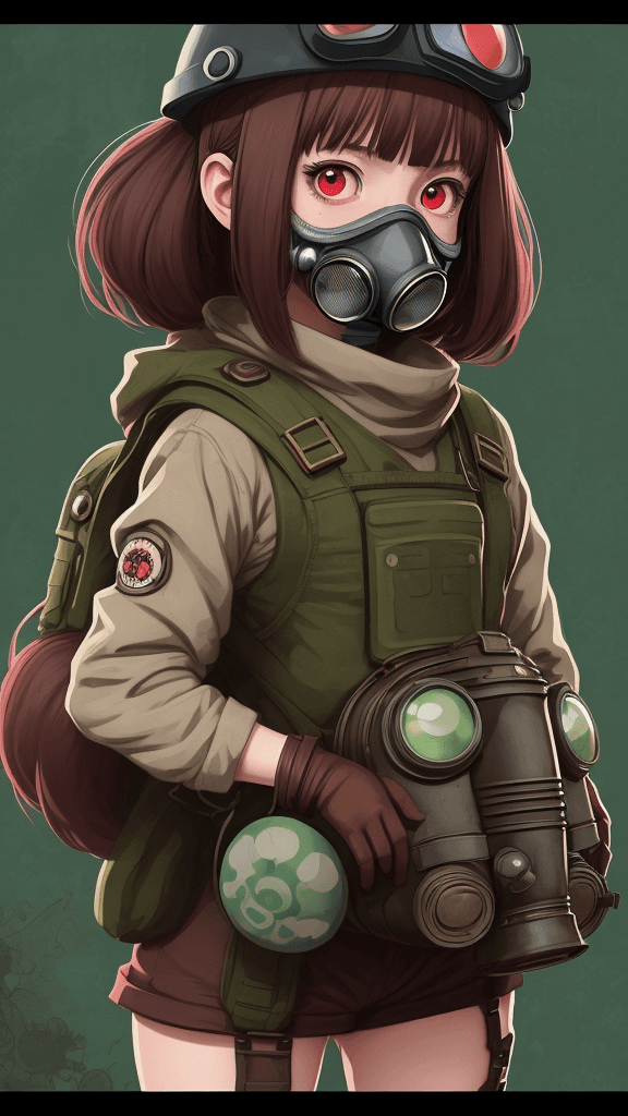 AI generated: portrait of a little mushroom girl. Wearing a gas mask. Prominent eyes, azuki illustration, anime, v...