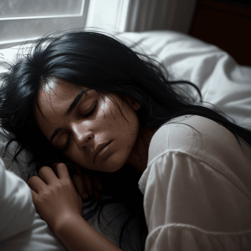 AI generated: Close-up, candid photograph of, a South American woman, messy black hair, peacefully sleeping in her...