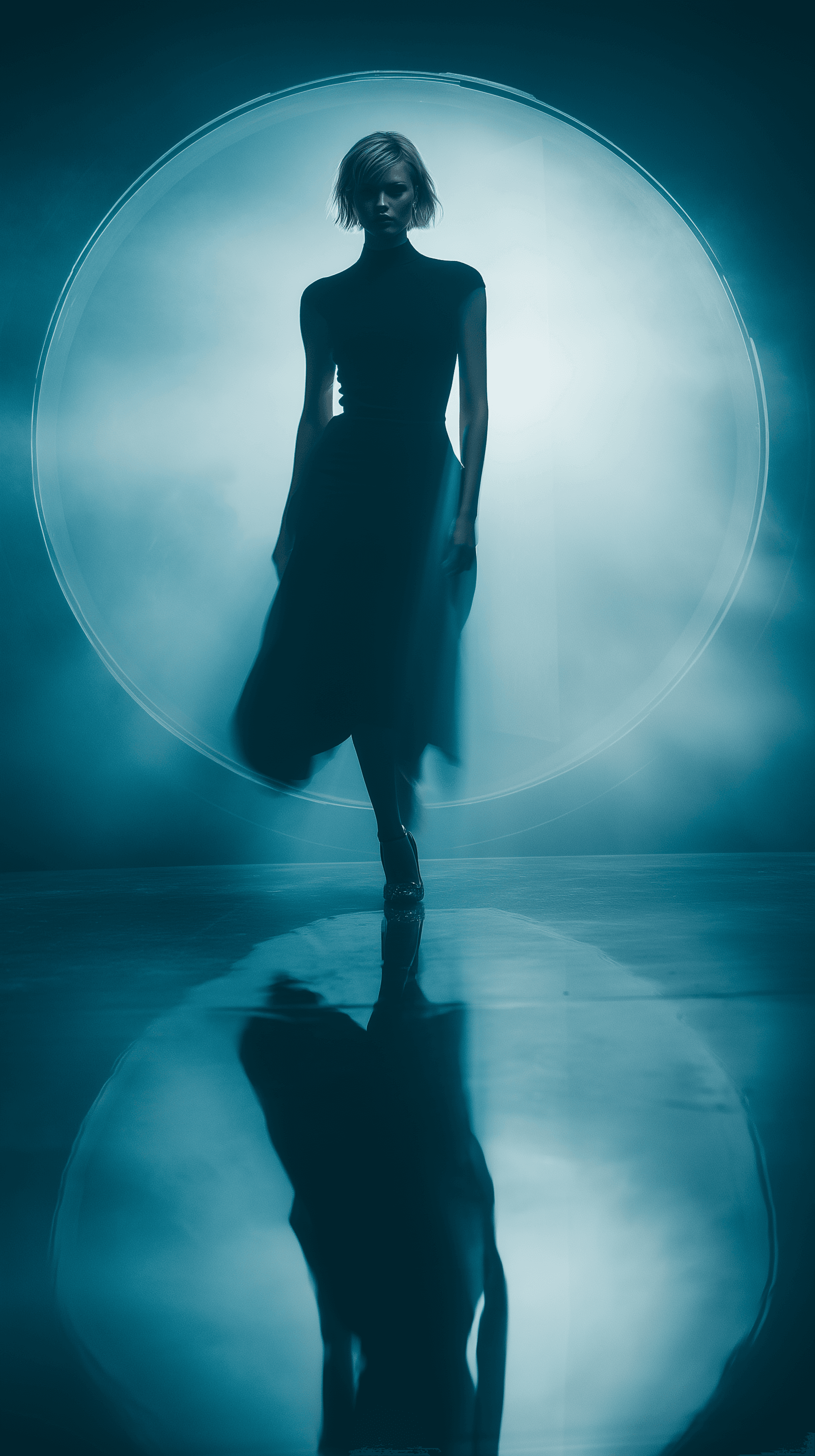 AI generated: cinematic fashion shoot, runway look in a deep foggy circle, candid view, blue overhead light, gloss...