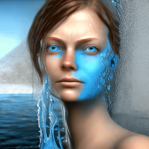 AI generated: the face of woman with beautiful blue eyes, in water, in the style of dystopian realism, realistic p...