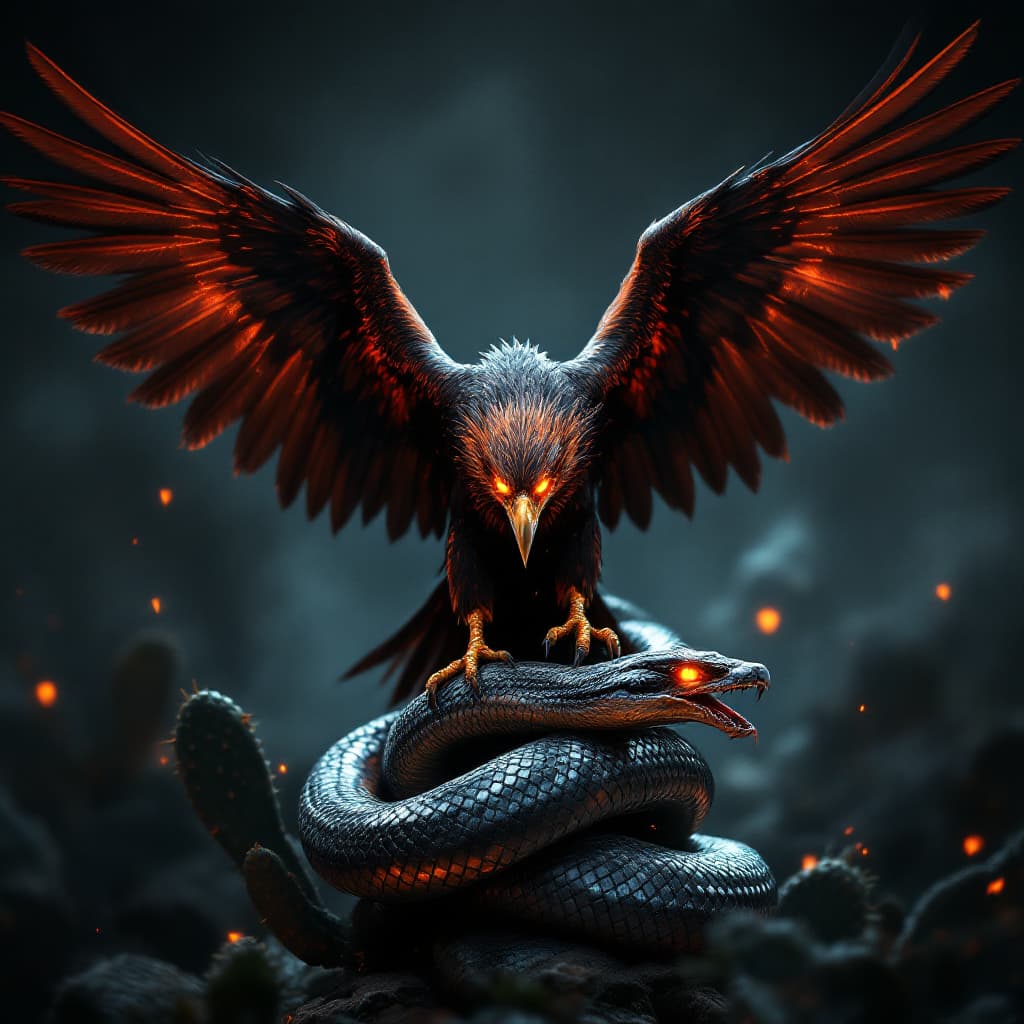 AI generated: Mexican sinister eagle on a  cactus, open wings, standing on a metallic snake, biting the snake, sna...