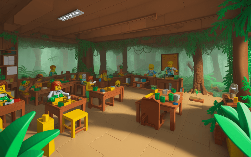 AI generated: old lego big classroom in midel of jungle all parts will be created by lego 