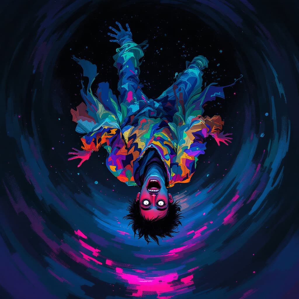 AI generated: A brightly dressed, fragile young man falling backwards into an endless dark void, expression filled...