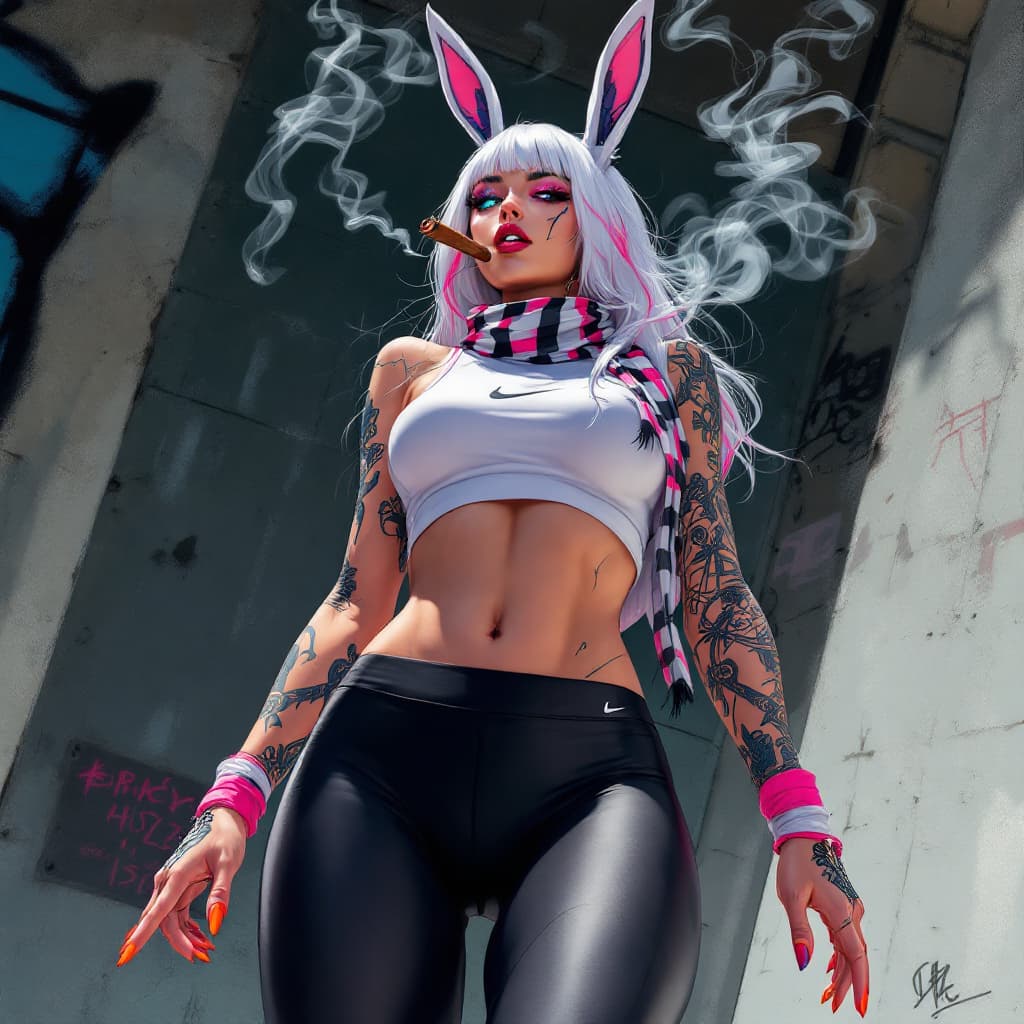 AI generated: anime illustration, extreme detail, 1woman, neon blue eye, one robot eye ,rabbit ears, tan skin, tur...