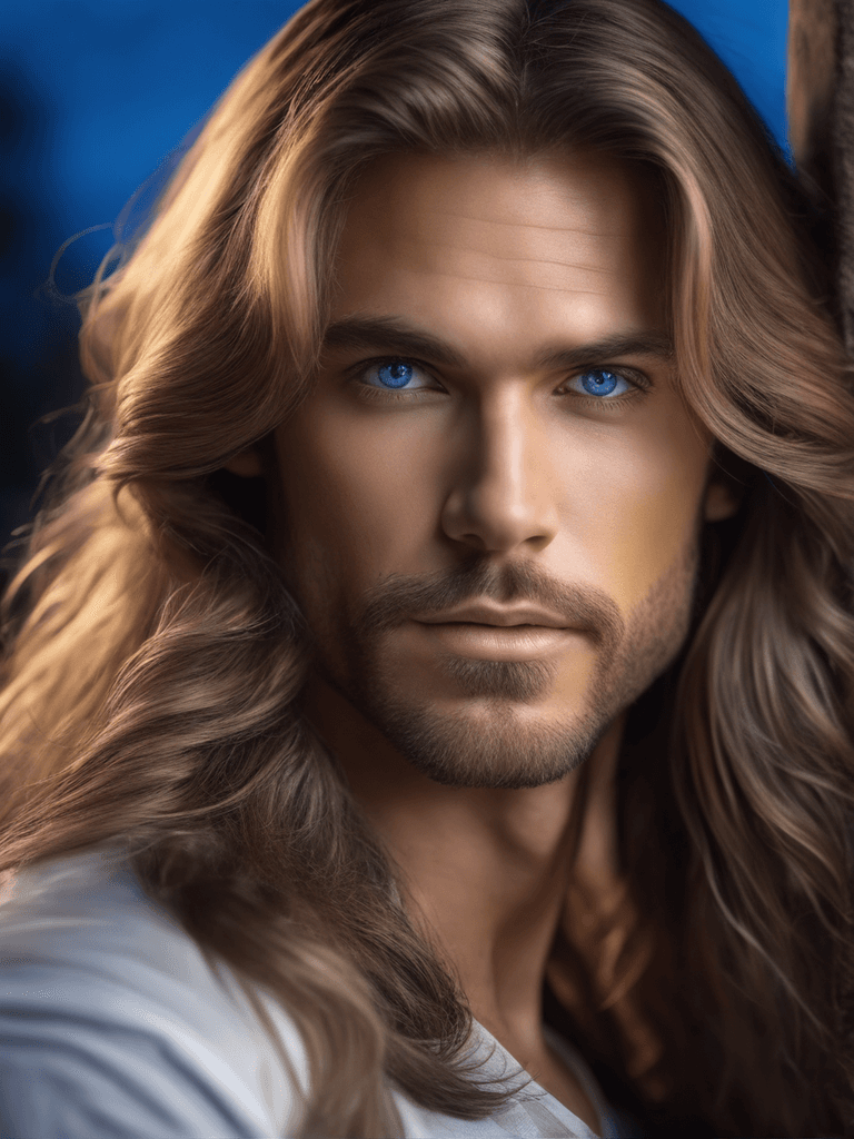 AI generated: frontal closeup view of a long-haired model, handsome, light blue eyes, authentic, editorial, soft l...