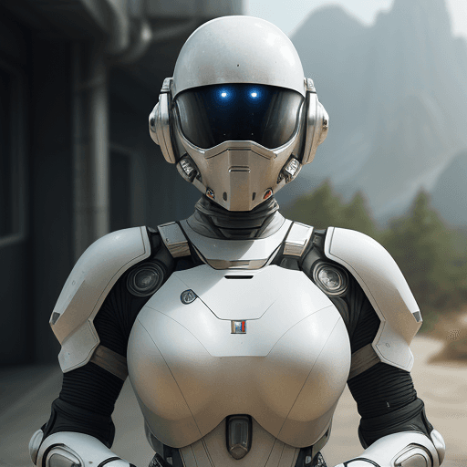 AI generated: white sci-fi female armor with cybernetic helmet, full armor, insulated armor, spacesuit, bald head,...