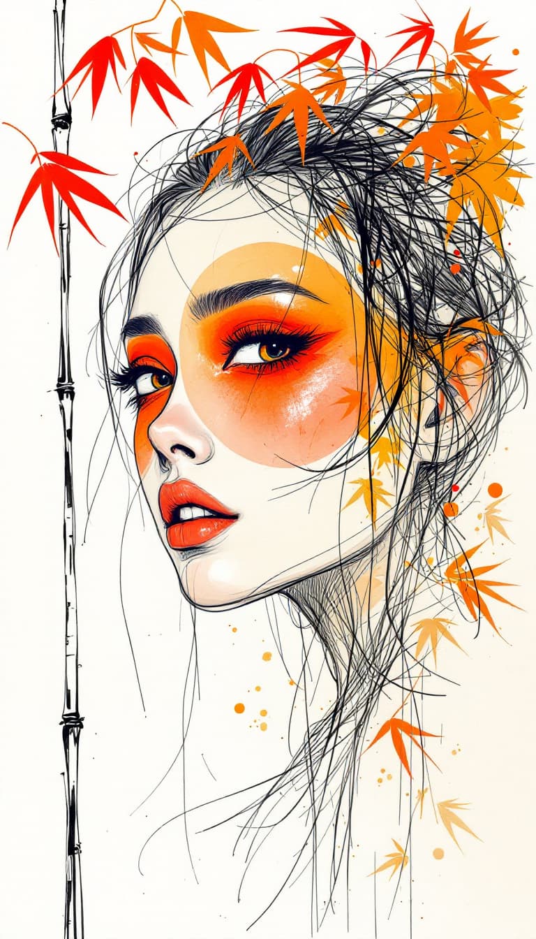 AI generated: A minimalist drawing captures the essence of a  coloful Japanese woman's face with red eyeshadow, re...