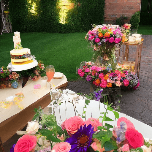 AI generated: many beautiful flowers in the background, there is a cake on the table with candles on top