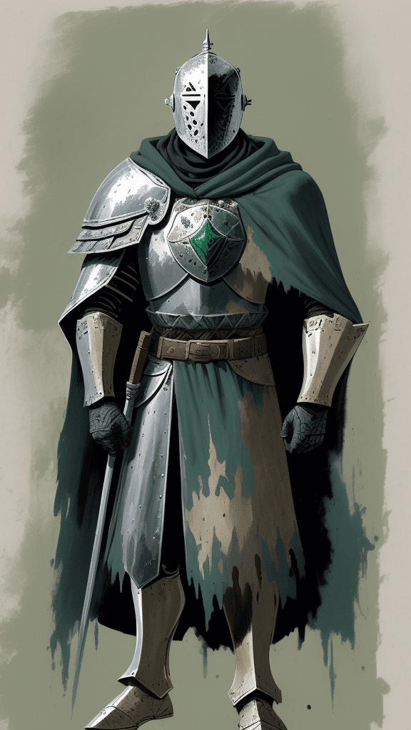 AI generated: a drawing of a knight with shield and cloak, in the style of adventure pulp, dark white and bronze, ...