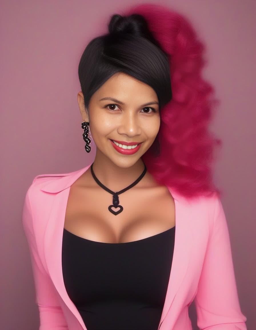 AI generated:  pink hair, hair with ponytail, bangs, (aqaua eyes: 0.9), (makeup, mascara: 0.9), (smile: 0.5), tran...
