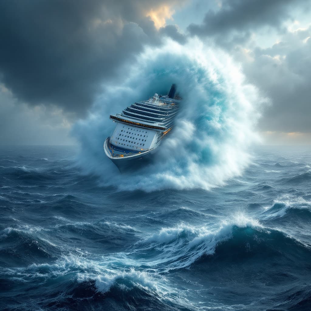 AI generated: a cruse ship in the middle of the atlantic ocean in a stormy weather with a wave far larger than the...