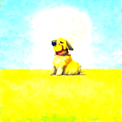 AI generated: Pixar style, golden retriever, sitting in field, eating tennis ball, realistic 