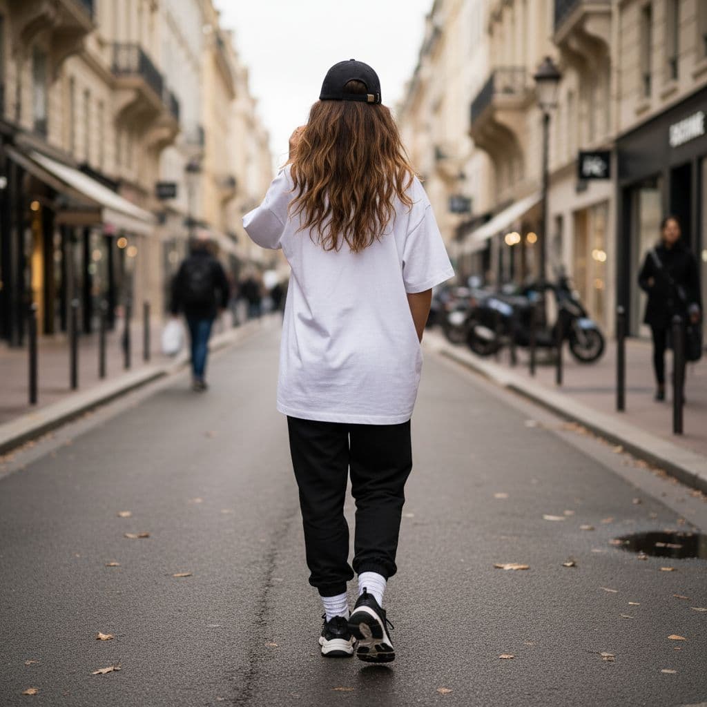 AI generated: photography, rear shot, woman, street fashion in Cannes rue antibes, wearing a black cap, over sized...
