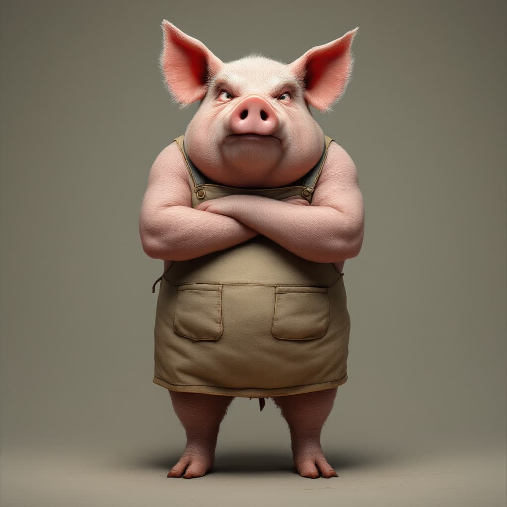 AI generated: Big angry pig standing on two legs in a canvas apron with his hands folded in a lock on his chest, h...