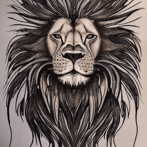 AI generated: ornamental watercolor lion, ink outline, fine details, feather mane --chaos 10 --v 4 with Fire 