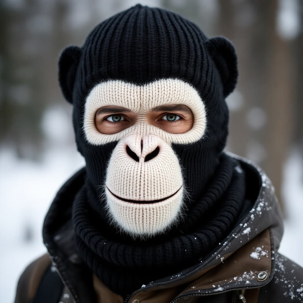 AI generated: a black ribbed knit skimask, 3 holes, white chimpface knitted on it

