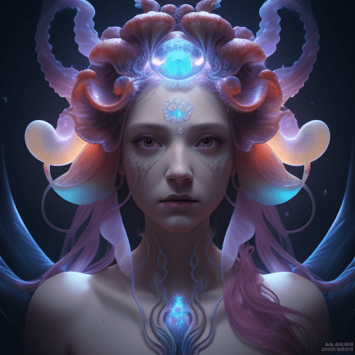 AI generated: Goddess close-up portrait ribcagel. jellyfish phoenix head, nautilus, orchid, skull, betta fish, bio...