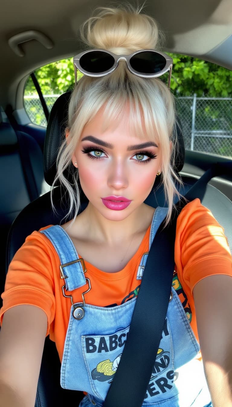 AI generated: "A young woman with platinum blonde hair styled in a high bun and wispy bangs, wearing oversized rou...