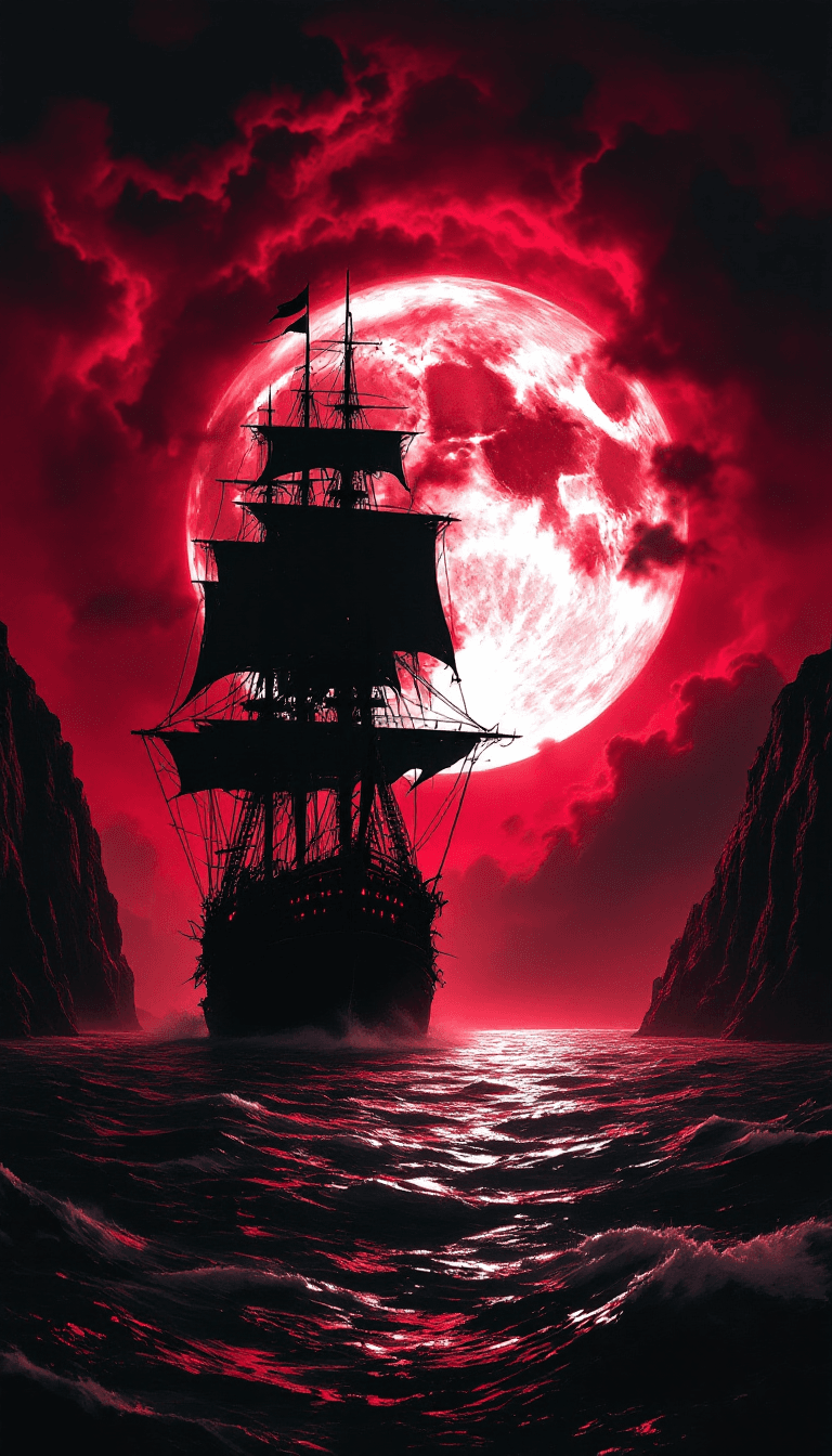 AI generated: A dramatic and eerie depiction of a large, silhouetted pirate ship with towering masts and sails aga...