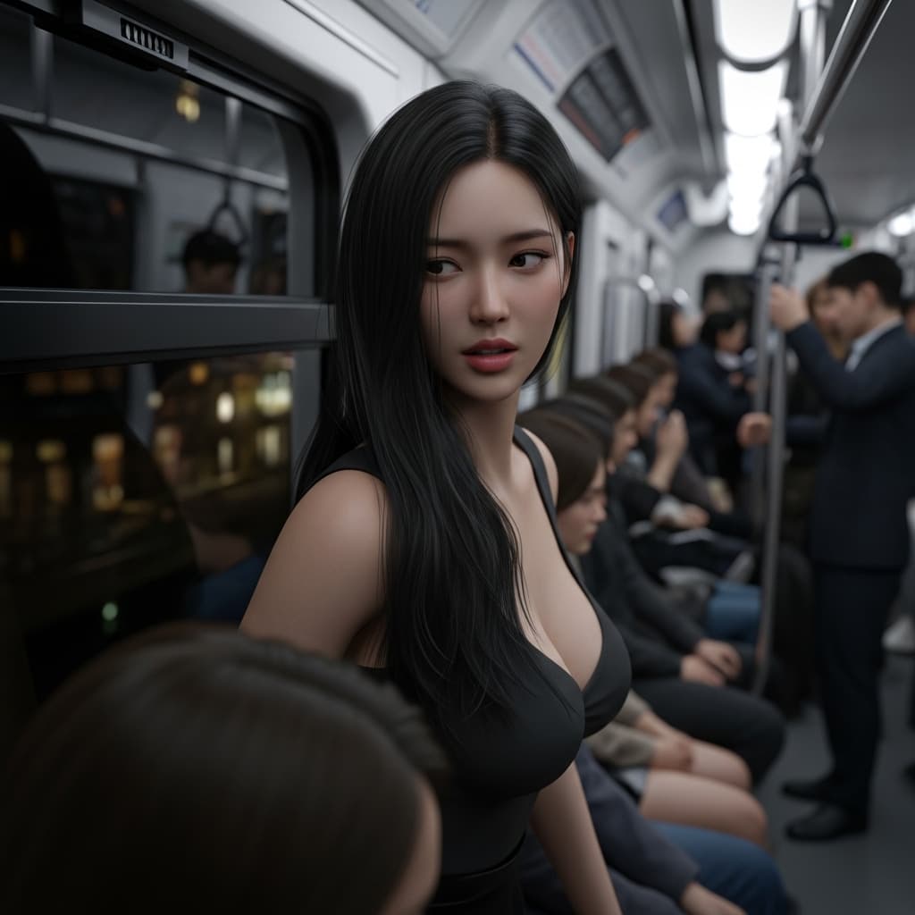 AI generated: Subject: A beautiful 21-year-old Korean woman with long straight black hair and an alluring, suggest...