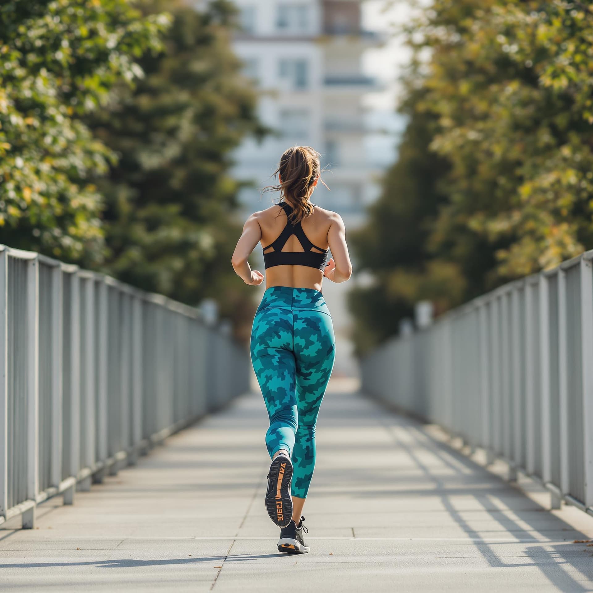 AI generated: a woman running towards the camera in gym clothes