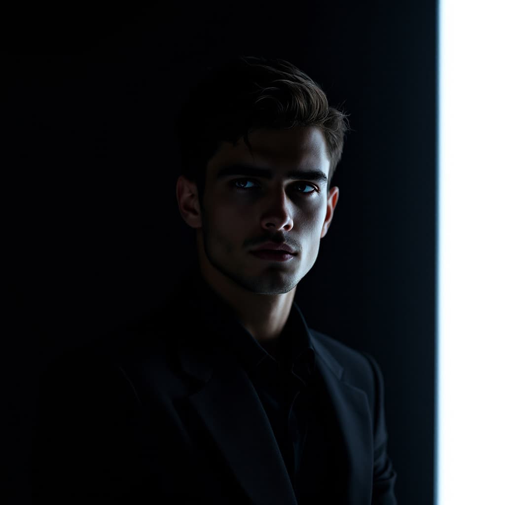 AI generated: A contemplative young man stands alone in a pitch-black studio, dressed in a sleek, dark suit that b...