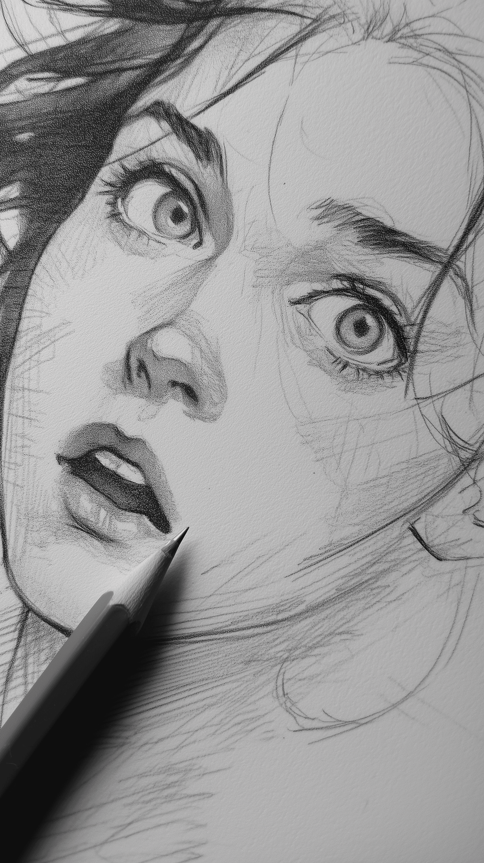 AI generated: artistic, pencil sketch, surprised female character face, realistic drawing detail --ar 9:16 --v 7