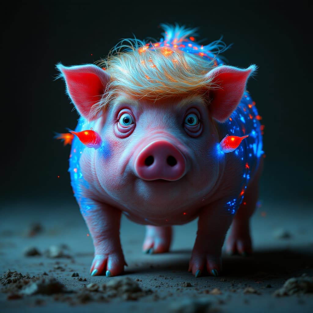 AI generated: Donald Trump's close-up portrait of his head on a fat pig walking on all 4 legs.betta fish, biolumin...