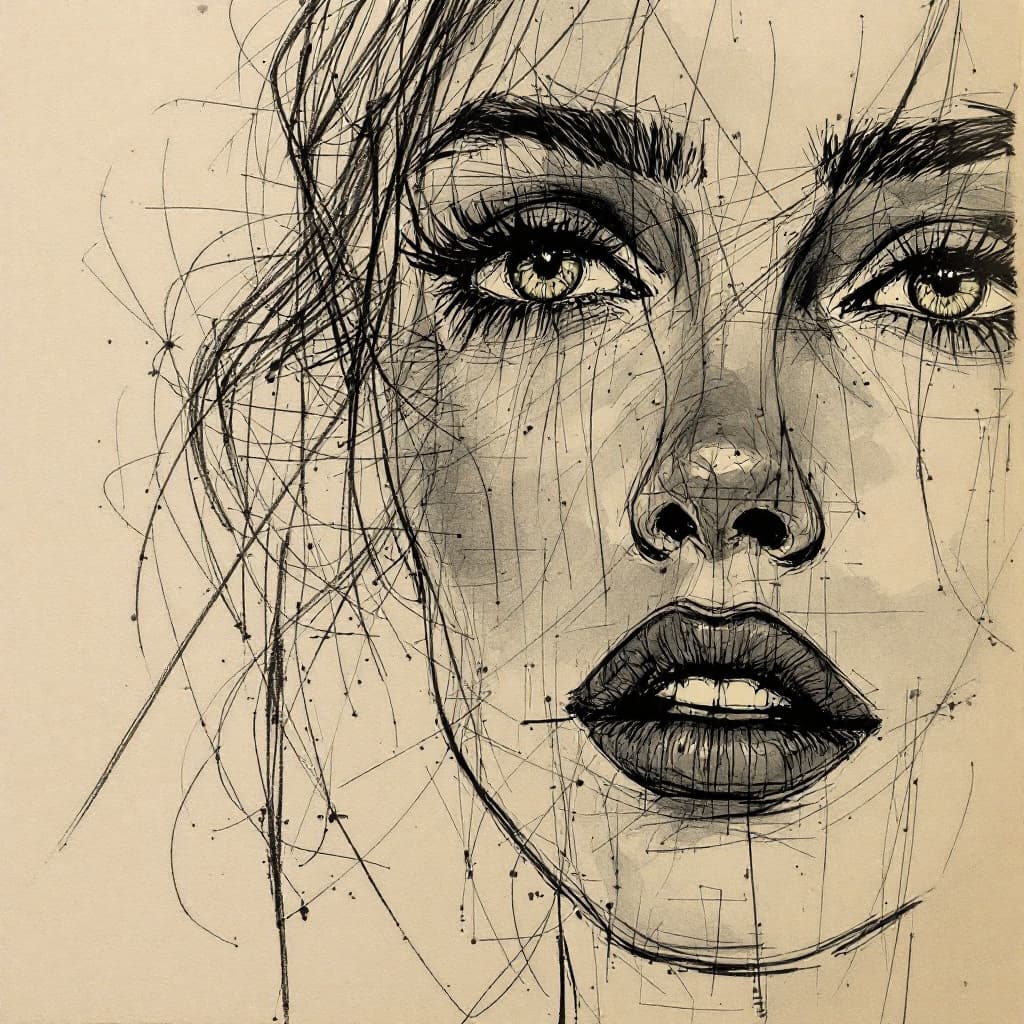AI generated: sketch of a woman's face, expressive line-work, in the style of beautiful portraits --ar 35:64 --sty...