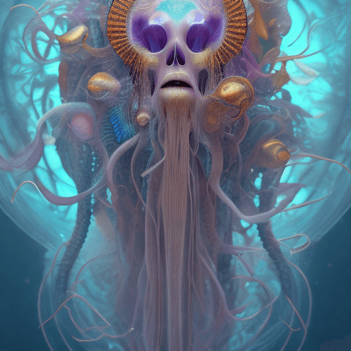 AI generated: Goddess close-up portrait ribcagel. jellyfish phoenix head, nautilus, orchid, skull, betta fish, bio...