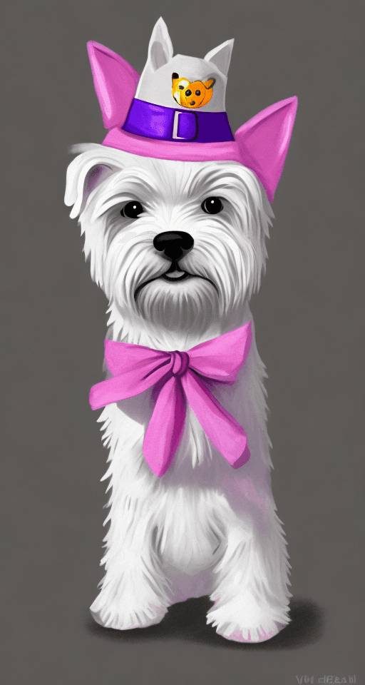AI generated: cute west highland white terrier puppy dressed up for Halloween, digital drawing, 1980s inspired, cu...