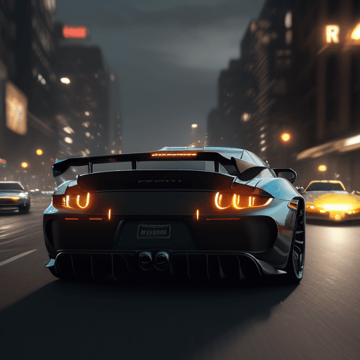 AI generated: cinematic CG 8k wallpaper, action scene from Forza Horizon 5, wheels rotating, blurry, evening city ...