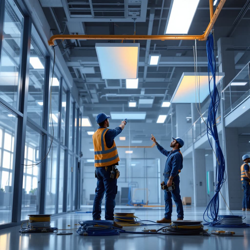 AI generated: "A professional computer network engineer laying Ethernet cables with two apprentices in a modern fo...