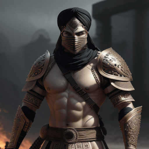 AI generated: Male Persian warrior in a battleground, wearing a full battle face mask, helm, and turban, facing th...