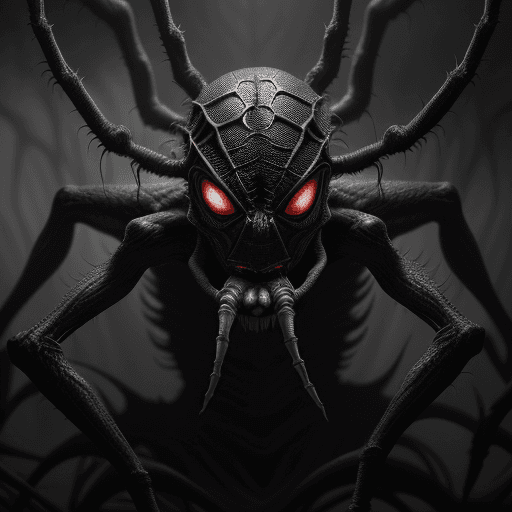 AI generated: human spider head, mutant creature with huan head and spider legs from his mouth, bizarre, by gustav...