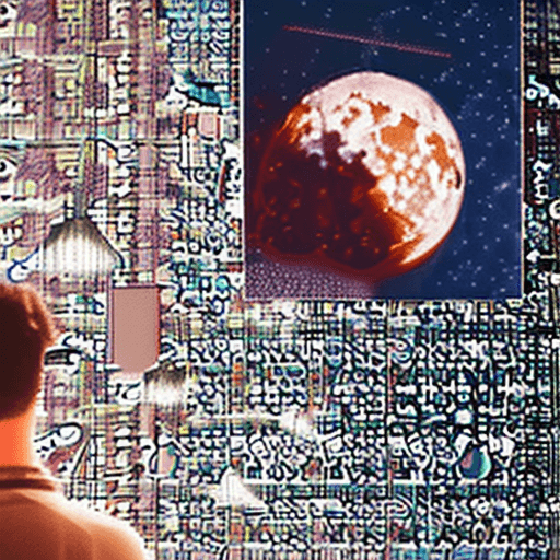 AI generated: Hyper-realistic outdoor photo with a man from behind above the moon where you can see a starry sky, ...