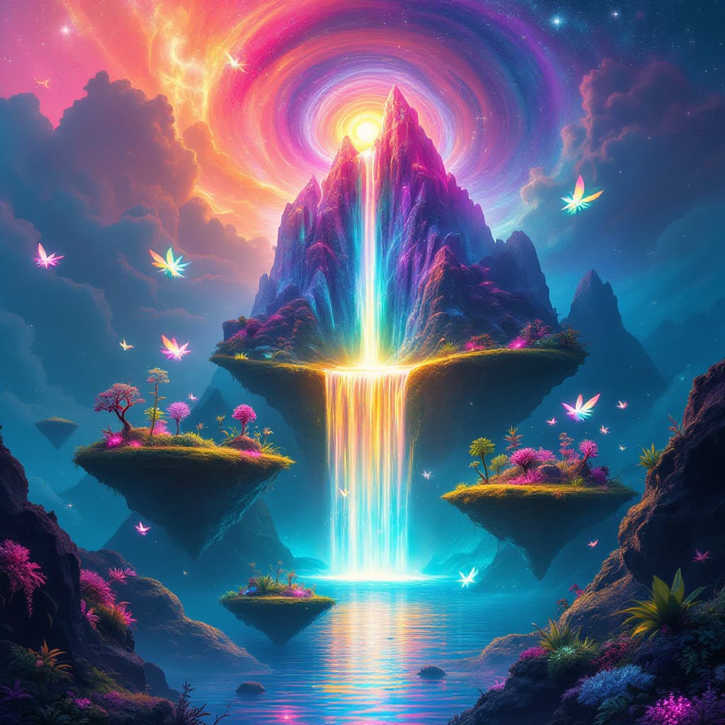 AI generated: A surreal dreamscape where a waterfall flows from a floating crystal mountain into a sky made of swi...