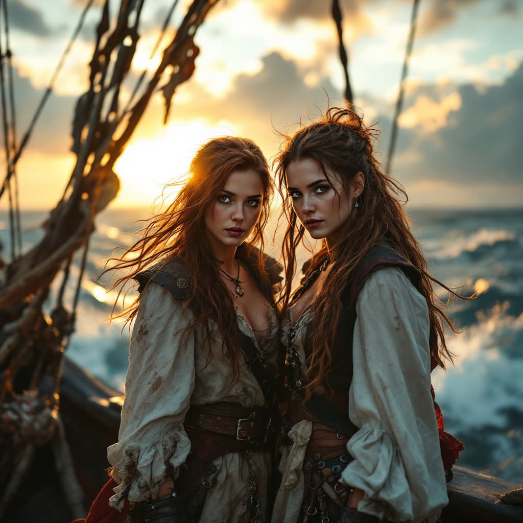 AI generated: Anne Bonny and Mary Read, standing together on the deck of a pirate ship, distinct features and uniq...