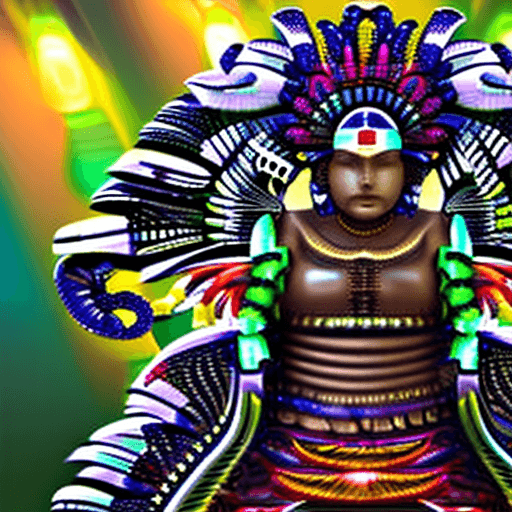 AI generated: Aztec god Quetzalcoatl in human form , looking straight at the viewer, serious facial expression, he...
