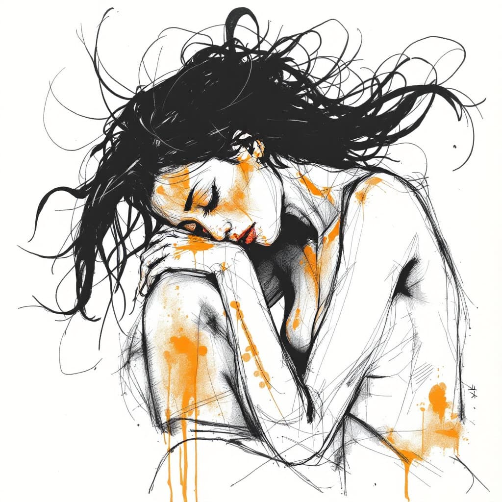 AI generated: Create a sketch in an expressionist style featuring a female figure, using dynamic black ink lines w...